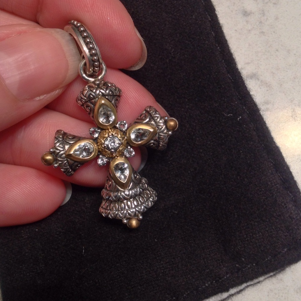 Silver and Gold Cross Pendant with Clear Crystals - Women Jewelry